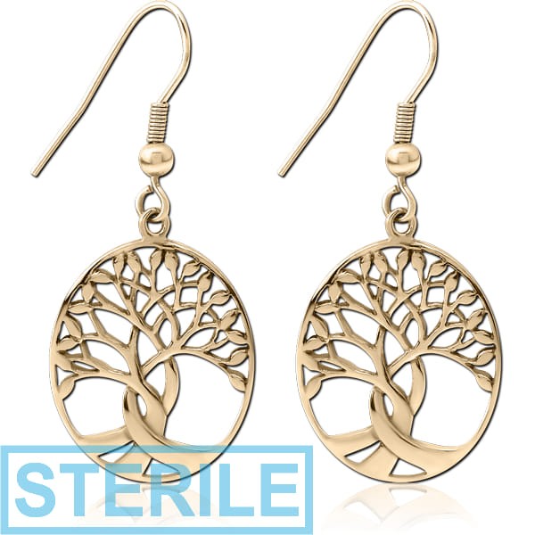STERILE ZIRCON GOLD PVD COATED SURGICAL STEEL EARRINGS PAIR - TREE OF LIFE