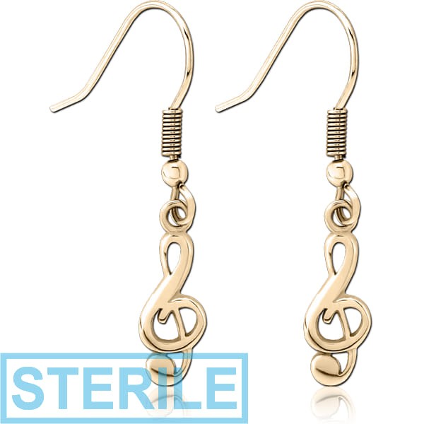 STERILE ZIRCON GOLD PVD COATED SURGICAL STEEL EARRINGS PAIR - MUSIC NOTE