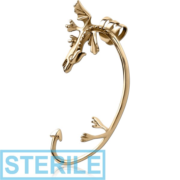 STERILE ZIRCON GOLD PVD COATED SURGICAL STEEL EAR CUFF - LEFT - DRAGON