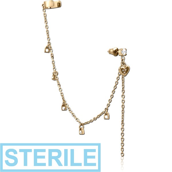 STERILE ZIRCON GOLD PVD COATED SURGICAL STEEL JEWELLED EAR CUFF - HEART AND LOCK