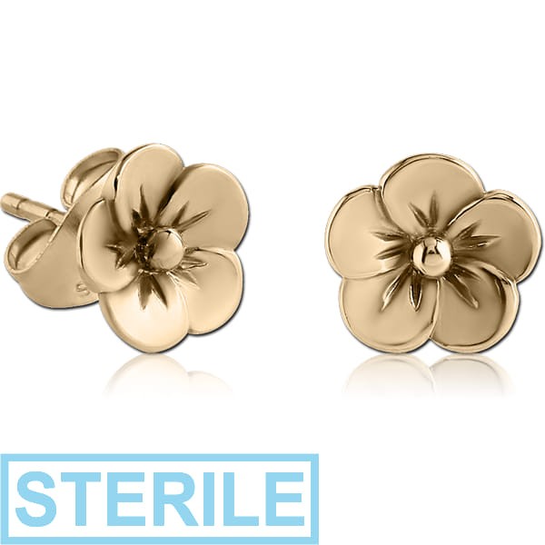 STERILE ZIRCON GOLD PVD COATED SURGICAL STEEL EAR STUDS PAIR - FLOWER