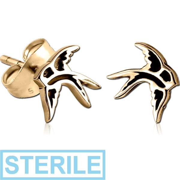 STERILE ZIRCON GOLD PVD COATED SURGICAL STEEL EAR STUDS PAIR - BIRD