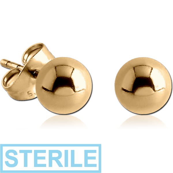 STERILE ZIRCON GOLD PVD COATED SURGICAL STEEL EAR STUDS PAIR - BALL 4MM