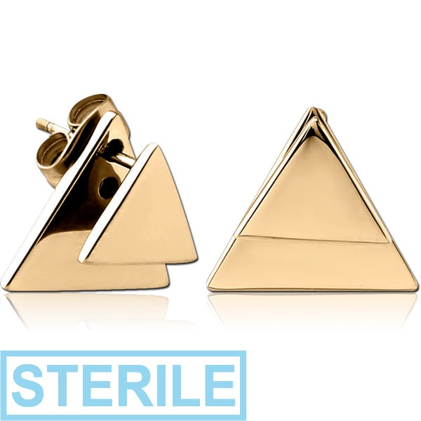 STERILE ZIRCON GOLD PVD COATED SURGICAL STEEL BACK EARRINGS WITH STUD PAIR - TRIANGLE