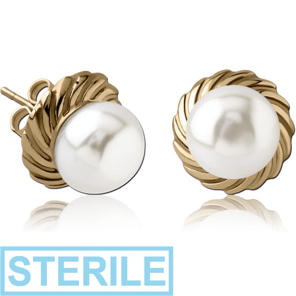 STERILE ZIRCON GOLD PVD COATED SURGICAL STEEL EAR STUDS PAIR WITH SYNTATIC PEARL - FILIGREE