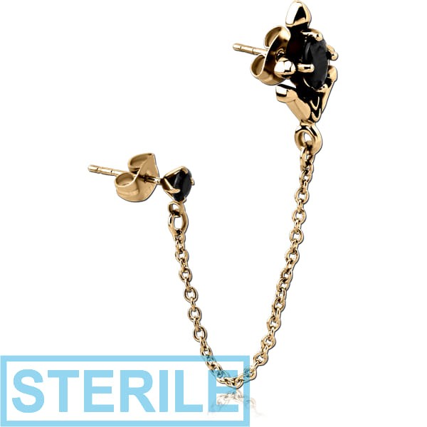 STERILE ZIRCON GOLD PVD COATED SURGICAL STEEL JEWELLED EAR STUDS WITH CONNECTING CHAIN - ANCHOR CROSS