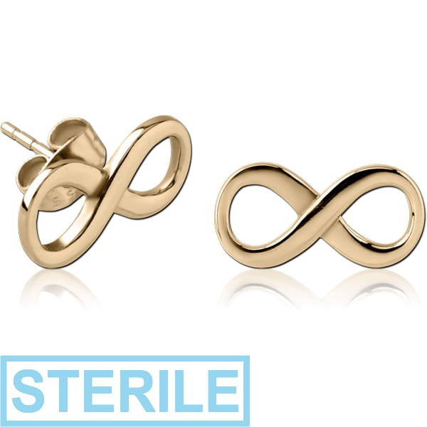 STERILE ZIRCON GOLD PVD COATED SURGICAL STEEL EAR STUDS PAIR - INFINITY