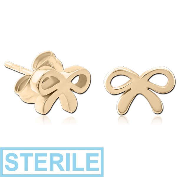 STERILE ZIRCON GOLD PVD COATED SURGICAL STEEL EAR STUDS - BOW