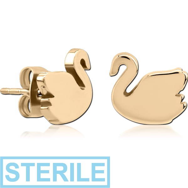 STERILE ZIRCON GOLD PVD COATED SURGICAL SURGICAL STEEL EAR STUDS PAIR - SWAN
