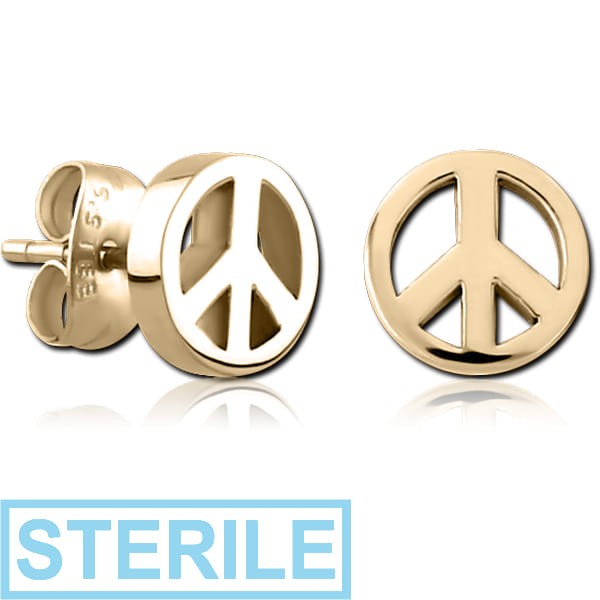 STERILE ZIRCON GOLD PVD COATED SURGICAL STEEL EAR STUDS - PEACE SIGN