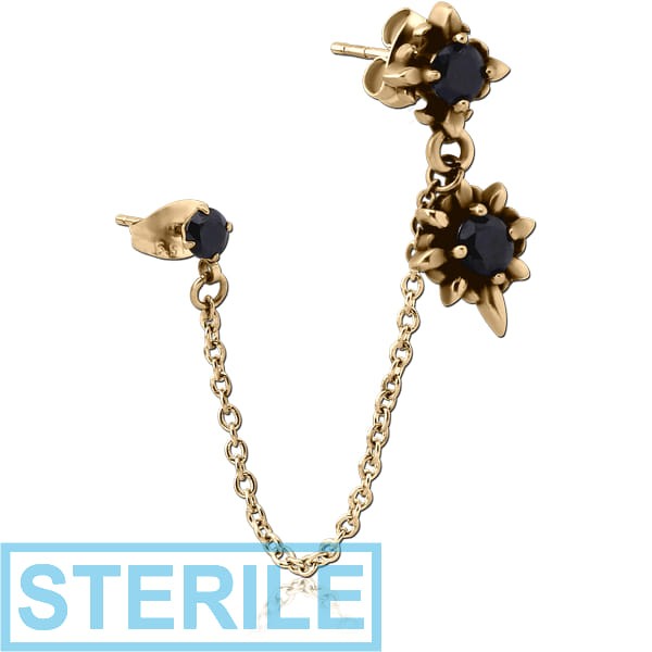 STERILE ZIRCON GOLD PVD COATED SURGICAL STEEL JEWELLED EAR STUDS WITH CONNECTING CHAIN
