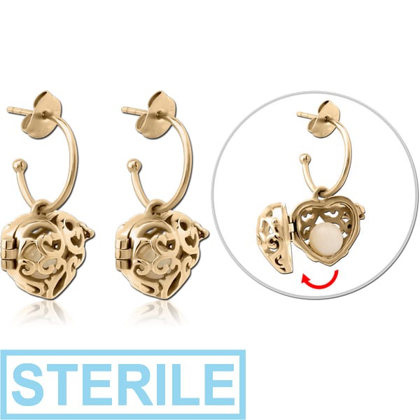 STERILE ZIRCON GOLD PVD COATED SURGICAL STEEL EAR STUDS PAIR - HEART LOCKET