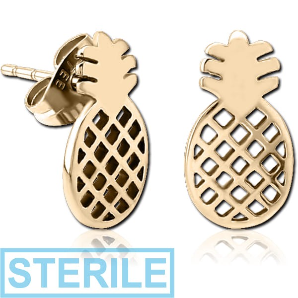 STERILE ZIRCON GOLD PVD COATED SURGICAL STEEL EAR STUDS PAIR - PINEAPPLE