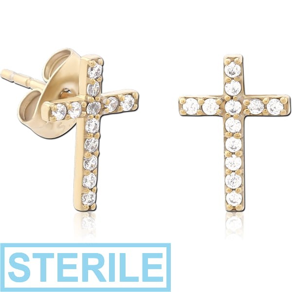 STERILE ZIRCON GOLD PVD COATED SURGICAL STEEL JEWELLED EAR STUDS PAIR - CROSS