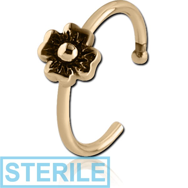 STERILE ZIRCON GOLD PVD COATED SURGICAL STEEL OPEN NOSE RING - FLOWER