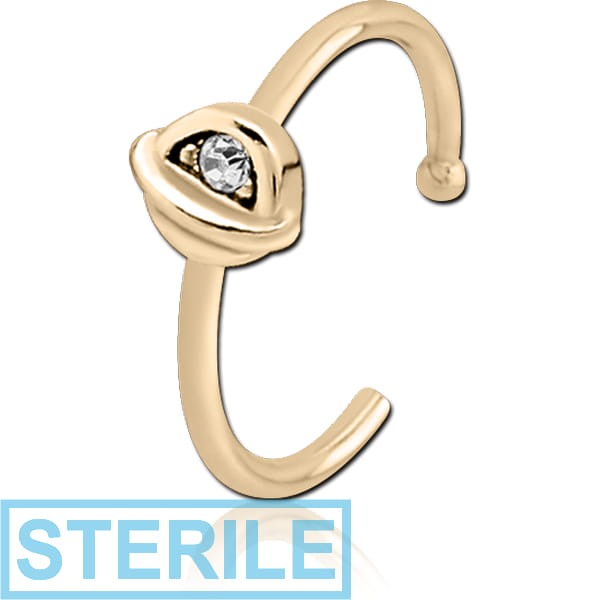 STERILE ZIRCON GOLD PVD COATED SURGICAL STEEL JEWELLED OPEN NOSE RING - HALF OPEN EYE