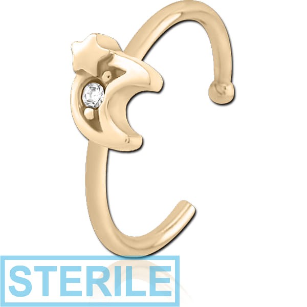 STERILE ZIRCON GOLD PVD COATED SURGICAL STEEL JEWELLED OPEN NOSE RING - CRESCENT AND STAR