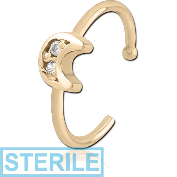 STERILE ZIRCON GOLD PVD COATED SURGICAL STEEL JEWELLED OPEN NOSE RING - CRESCENT PRONGS