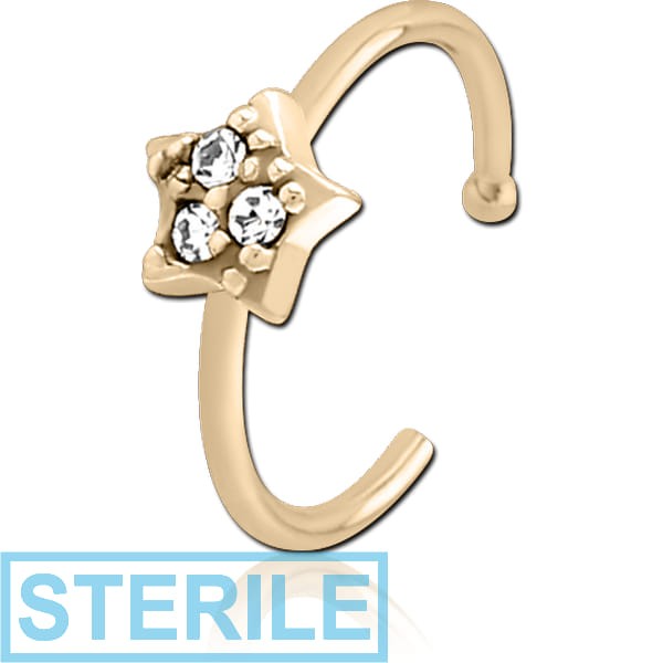 STERILE ZIRCON GOLD PVD COATED SURGICAL STEEL JEWELLED OPEN NOSE RING - STAR PRONGS
