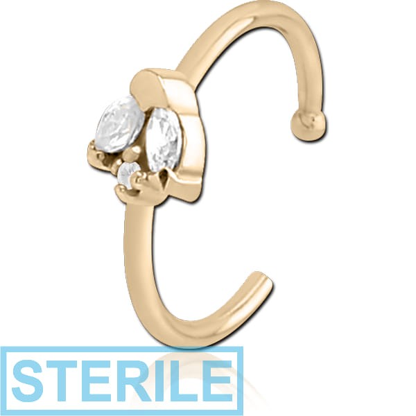 STERILE ZIRCON GOLD PVD COATED SURGICAL STEEL JEWELLED OPEN NOSE RING