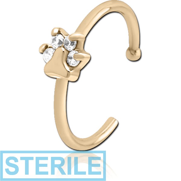 STERILE ZIRCON GOLD PVD COATED SURGICAL STEEL JEWELLED OPEN NOSE RING - ANIMAL PAW