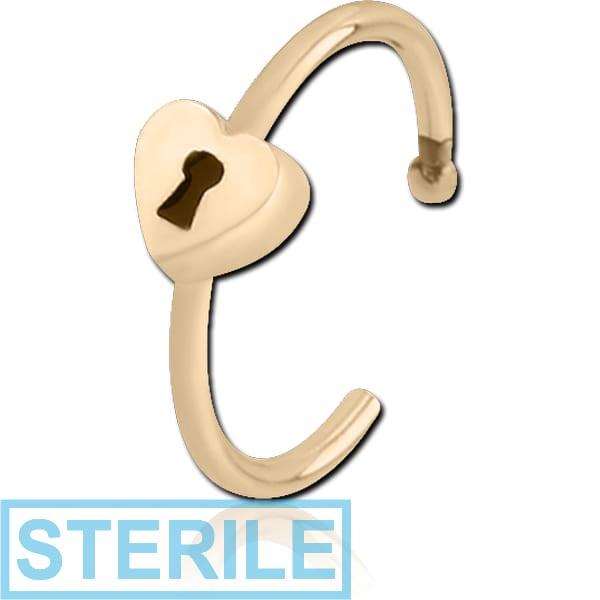 STERILE ZIRCON GOLD PVD COATED SURGICAL STEEL OPEN NOSE RING - HEART