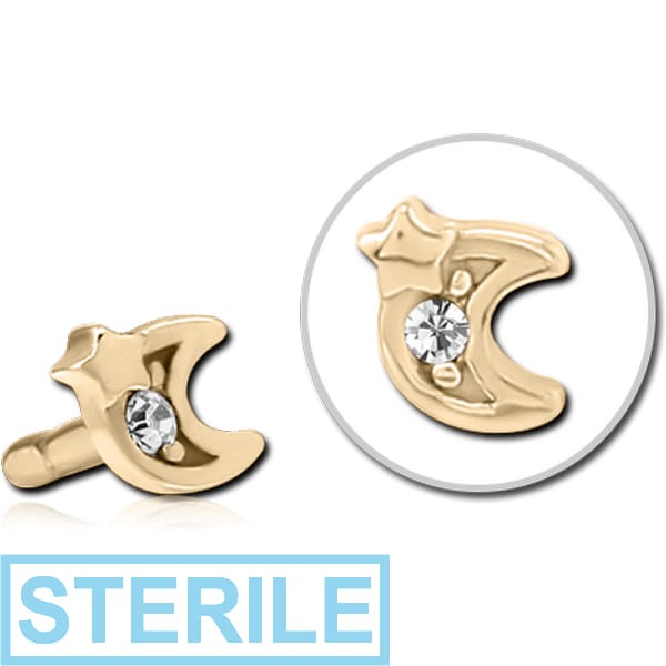 STERILE ZIRCON GOLD PVD COATED SURGICAL STEEL JEWELLED PUSH FIT ATTACHMENT FOR BIOFLEX INTERNAL LABRET - CRESCENT AND STAR
