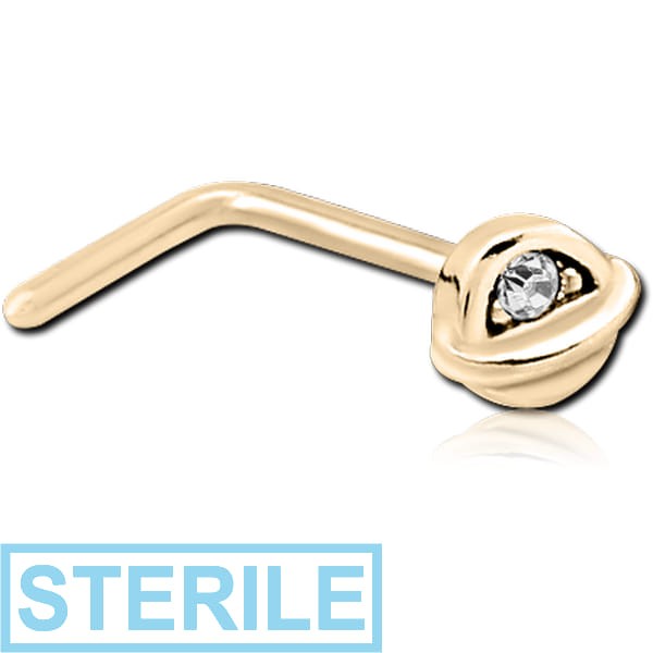 STERILE ZIRCON GOLD PVD COATED SURGICAL STEEL 90 DEGREE JEWELLED NOSE STUD