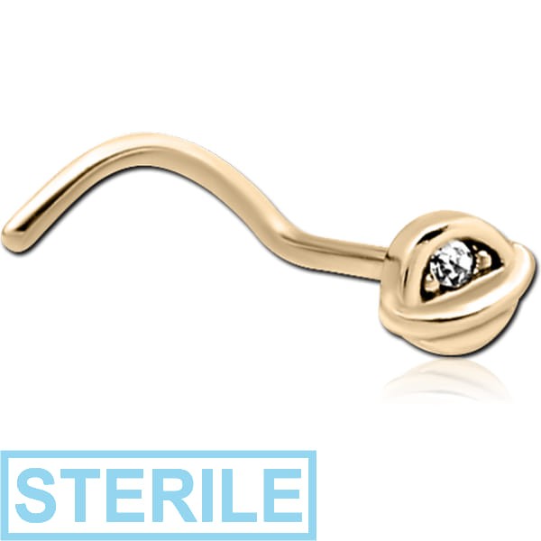 STERILE ZIRCON GOLD PVD COATED SURGICAL STEEL CURVED JEWELLED NOSE STUD
