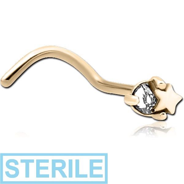 STERILE ZIRCON GOLD PVD COATED SURGICAL STEEL CURVED JEWELLED NOSE STUD