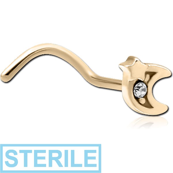STERILE ZIRCON GOLD PVD COATED SURGICAL STEEL CURVED JEWELLED NOSE STUD - CRESCENT AND STAR