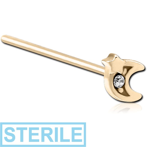 STERILE ZIRCON GOLD PVD COATED SURGICAL STEEL STRAIGHT JEWELLED NOSE STUD - CRESCENT AND STAR