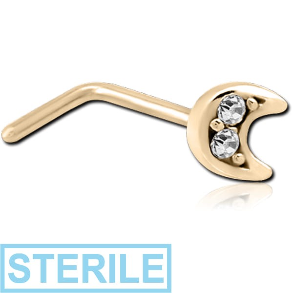 STERILE ZIRCON GOLD PVD COATED SURGICAL STEEL 90 DEGREE JEWELLED NOSE STUD - CRESCENT