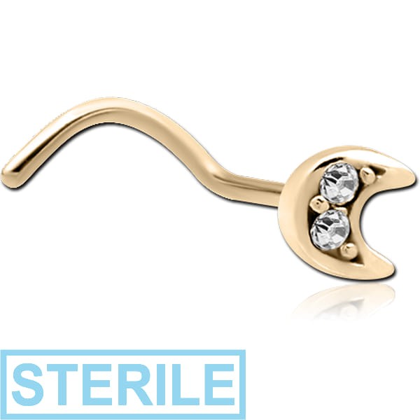 STERILE ZIRCON GOLD PVD COATED SURGICAL STEEL CURVED JEWELLED NOSE STUD - CRESCENT