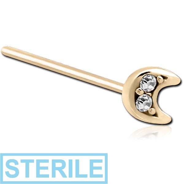 STERILE ZIRCON GOLD PVD COATED SURGICAL STEEL STRAIGHT JEWELLED NOSE STUD - CRESCENT