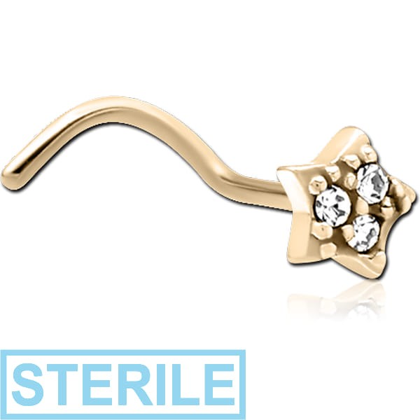 STERILE ZIRCON GOLD PVD COATED SURGICAL STEEL CURVED JEWELLED NOSE STUD - STAR