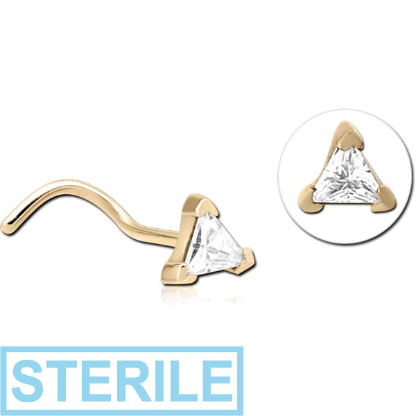 STERILE ZIRCON GOLD PVD COATED SURGICAL STEEL CURVED JEWELLED NOSE STUD - TRIANGLE