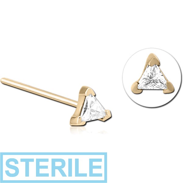 STERILE ZIRCON GOLD PVD COATED SURGICAL STEEL STRAIGHT JEWELLED NOSE STUD - TRIANGLE