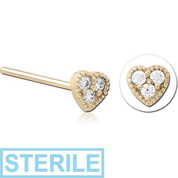 STERILE ZIRCON GOLD PVD COATED SURGICAL STEEL STRAIGHT JEWELLED NOSE STUD - HEART
