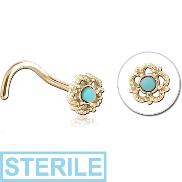 STERILE ZIRCON GOLD PVD COATED SURGICAL STEEL CURVED JEWELLED NOSE STUD - FLOWER
