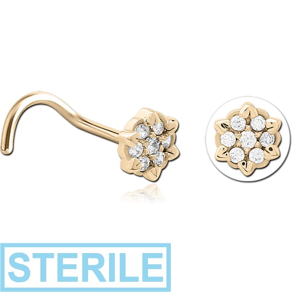 STERILE ZIRCON GOLD PVD COATED SURGICAL STEEL CURVED JEWELLED NOSE STUD - FLOWER