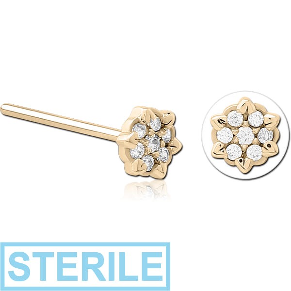 STERILE ZIRCON GOLD PVD COATED SURGICAL STEEL STRAIGHT JEWELLED NOSE STUD - FLOWER