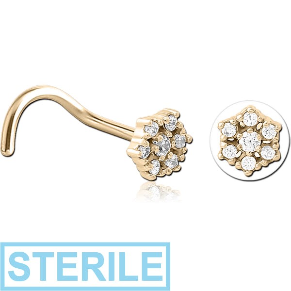 STERILE ZIRCON GOLD PVD COATED SURGICAL STEEL CURVED JEWELLED NOSE STUD - FLOWER