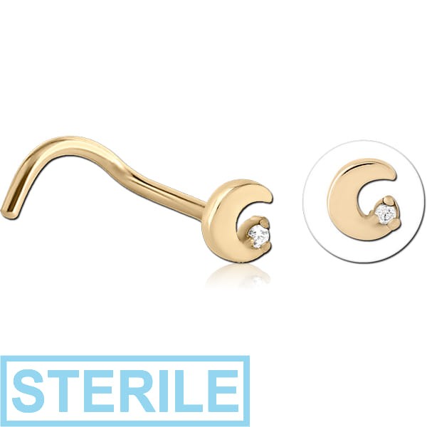 STERILE ZIRCON GOLD PVD COATED SURGICAL STEEL CURVED JEWELLED NOSE STUD