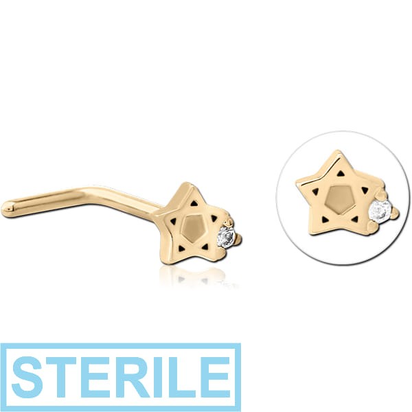 STERILE ZIRCON GOLD PVD COATED SURGICAL STEEL 90 DEGREE JEWELLED NOSE STUD