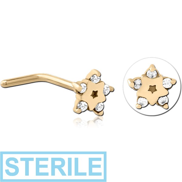 STERILE ZIRCON GOLD PVD COATED SURGICAL STEEL 90 DEGREE JEWELLED NOSE STUD