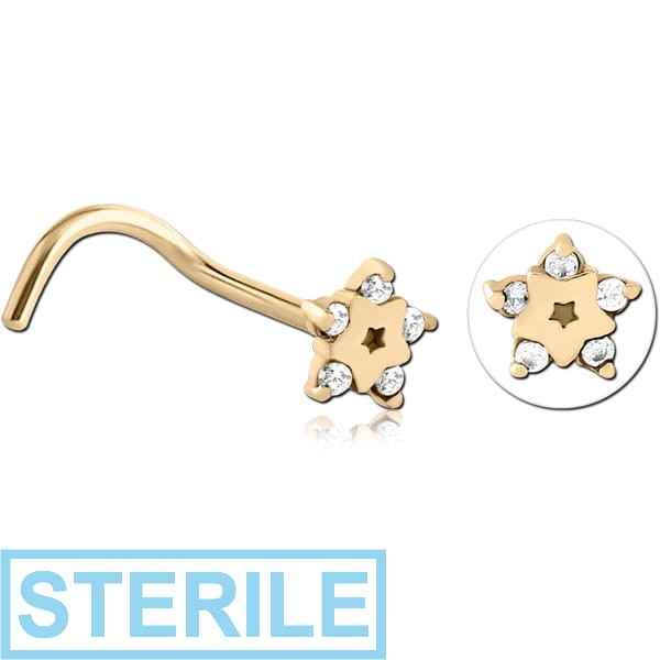 STERILE ZIRCON GOLD PVD COATED SURGICAL STEEL CURVED JEWELLED NOSE STUD