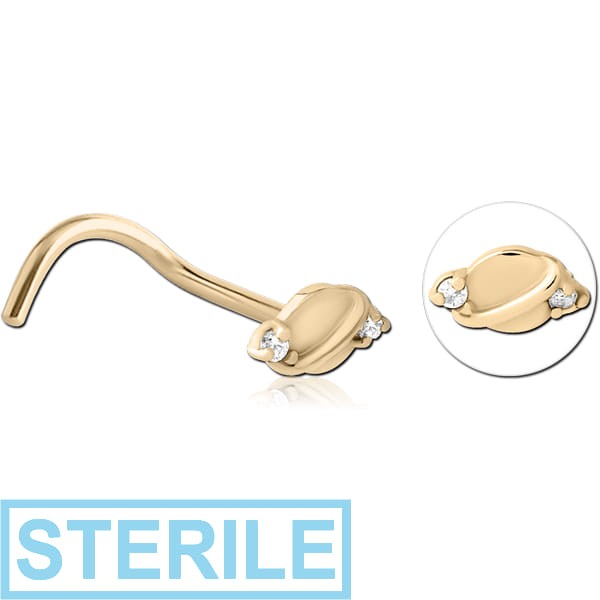 STERILE ZIRCON GOLD PVD COATED SURGICAL STEEL CURVED JEWELLED NOSE STUD