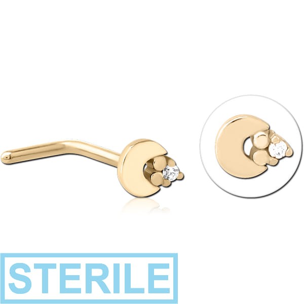 STERILE ZIRCON GOLD PVD COATED SURGICAL STEEL 90 DEGREE JEWELLED NOSE STUD
