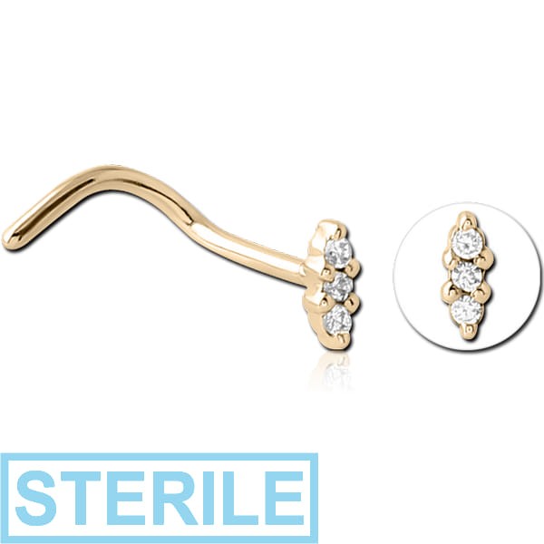 STERILE ZIRCON GOLD PVD COATED SURGICAL STEEL JEWELLED NOSE STUDS